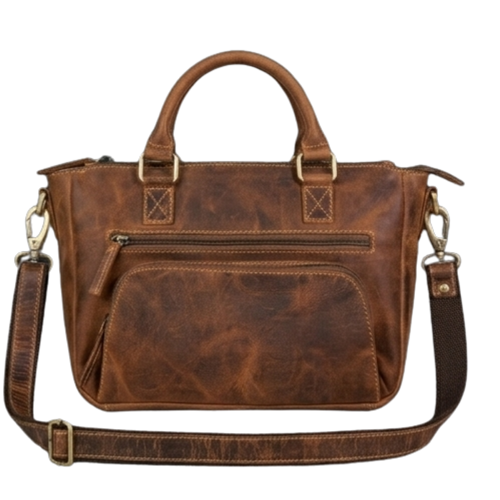 Vintage Brown Leather Office Tote Bag with Front Zip Pocket