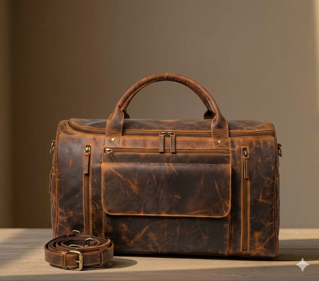 Brown premium leather travel bag manufacturer and exporter in India for global brands with OEM customization
