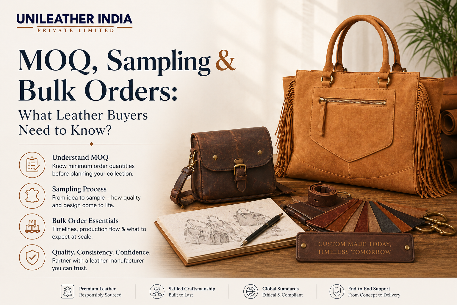 MOQ, leather product sampling and bulk order process for international leather buyers sourcing from India