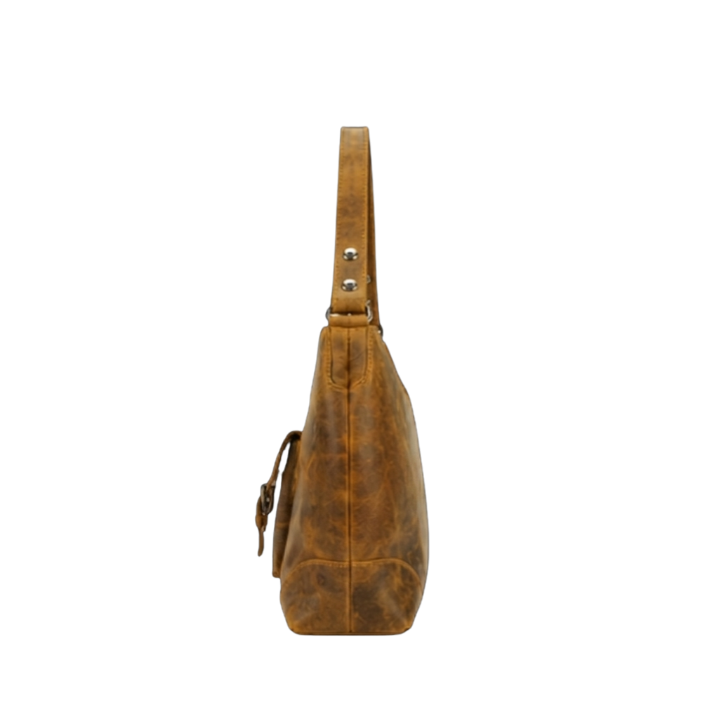 Angled front view of a genuine leather hobo handbag with a classic everyday design.