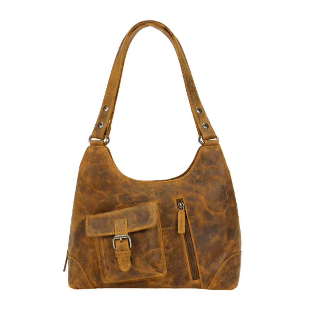 Front view of a vintage genuine leather hobo handbag with a spacious main compartment.