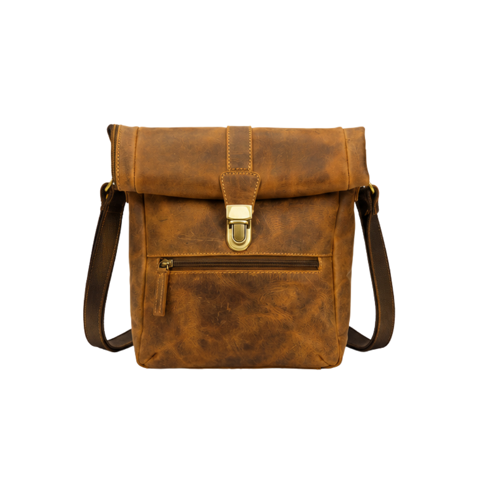 Angled view of a handcrafted leather messenger crossbody bag with an adjustable shoulder strap.