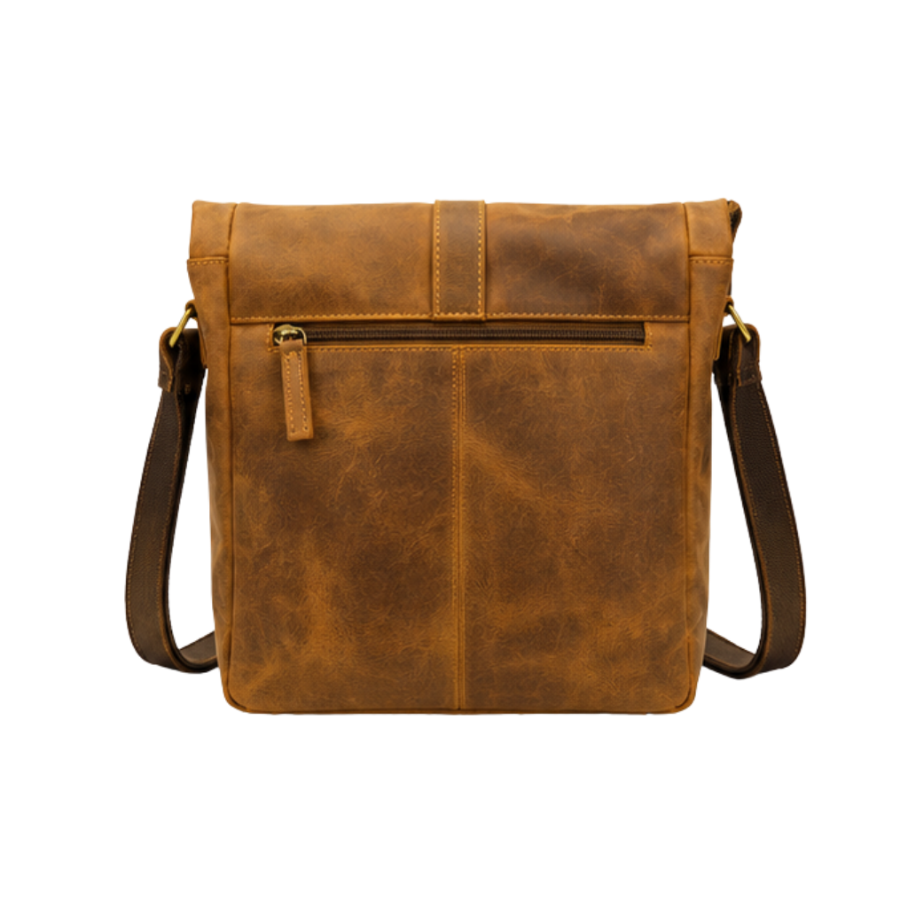 Back view of a premium brown leather messenger crossbody bag with a smooth finish