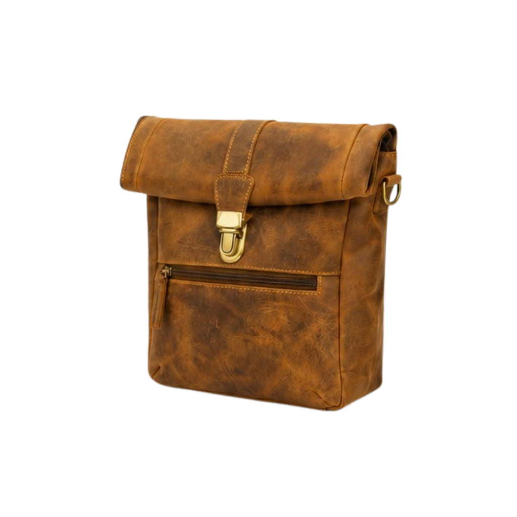 Front view of a genuine leather messenger crossbody bag with secure flap and front pocket.