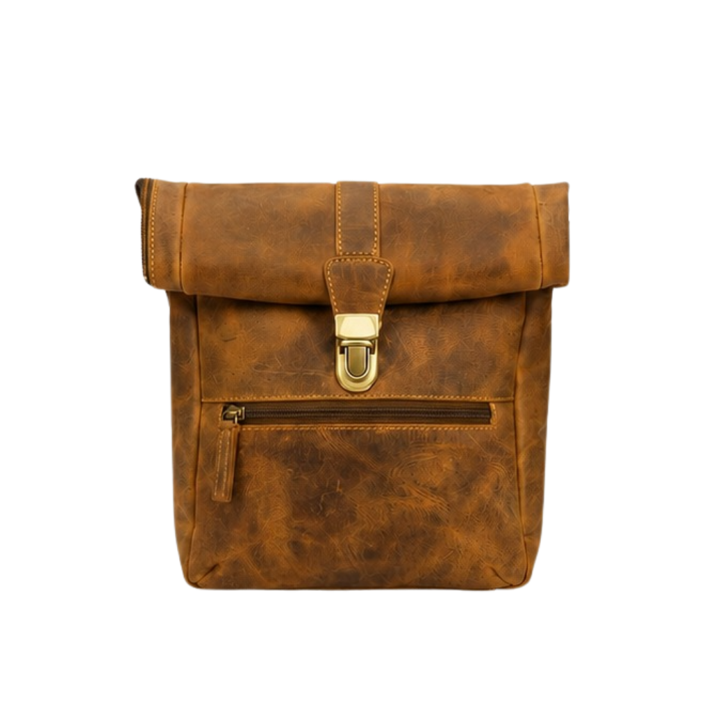 Front view of a vintage genuine leather messenger crossbody bag with buckle flap closure.