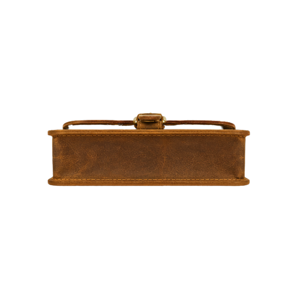 Top view of a premium brown leather small crossbody bag with quality stitching.