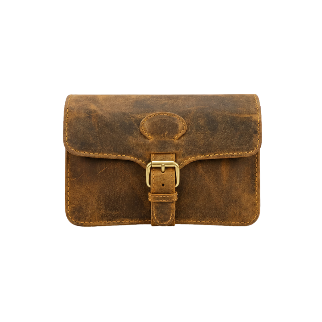 Front view of a vintage genuine leather small crossbody bag with buckle closure.