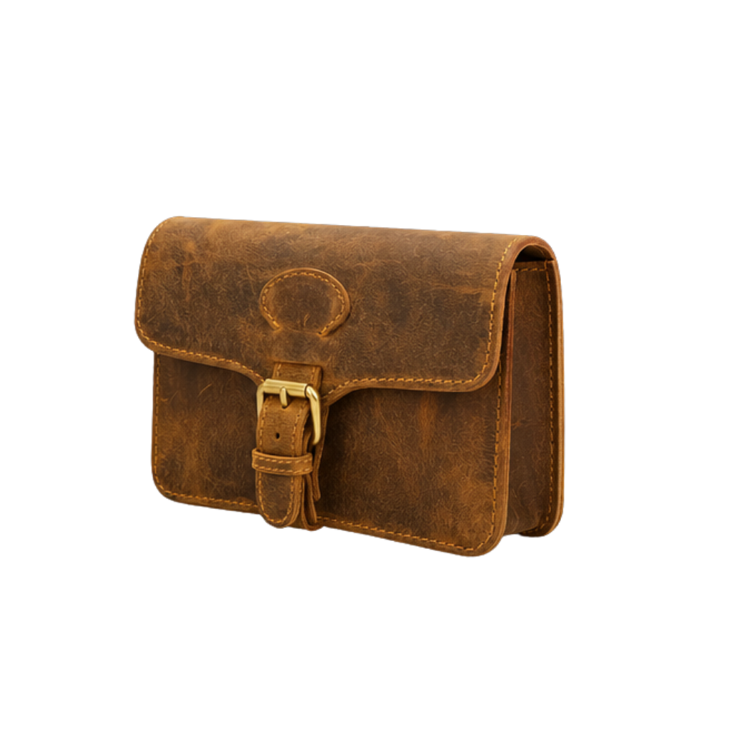 Side view of a handcrafted genuine leather small crossbody bag with a compact profile.