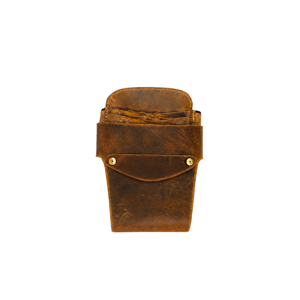 Front view of a handcrafted vintage leather utility pouch with secure flap closure.