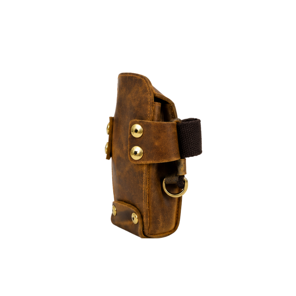 Side view of a genuine leather utility pouch featuring durable belt loops and premium craftsmanship.