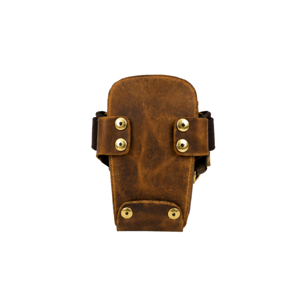 Top view of a genuine leather utility pouch with a secure opening and compact design.