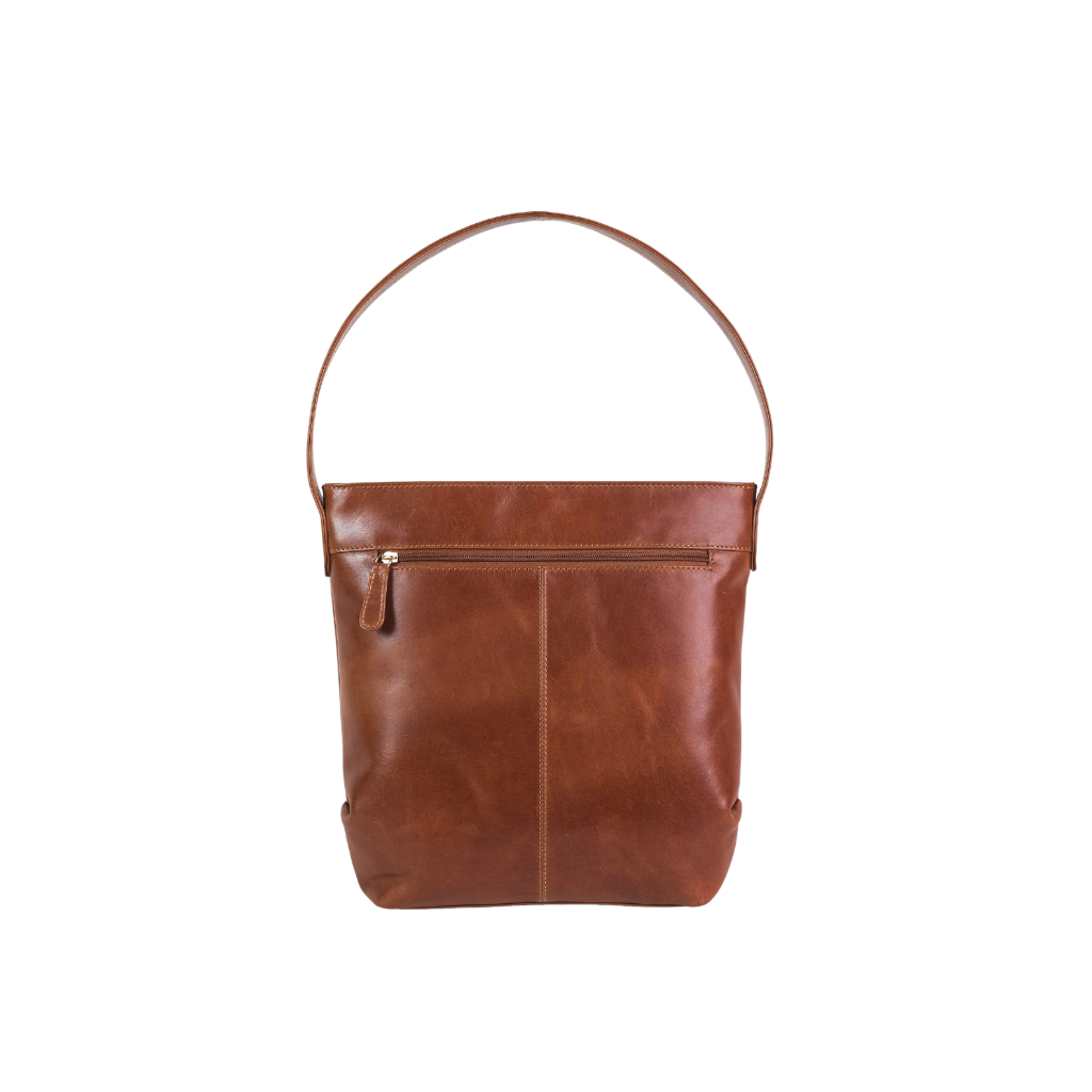 Angled view of Aria Mini Leather Bucket Bag showcasing elegant bucket bag construction.