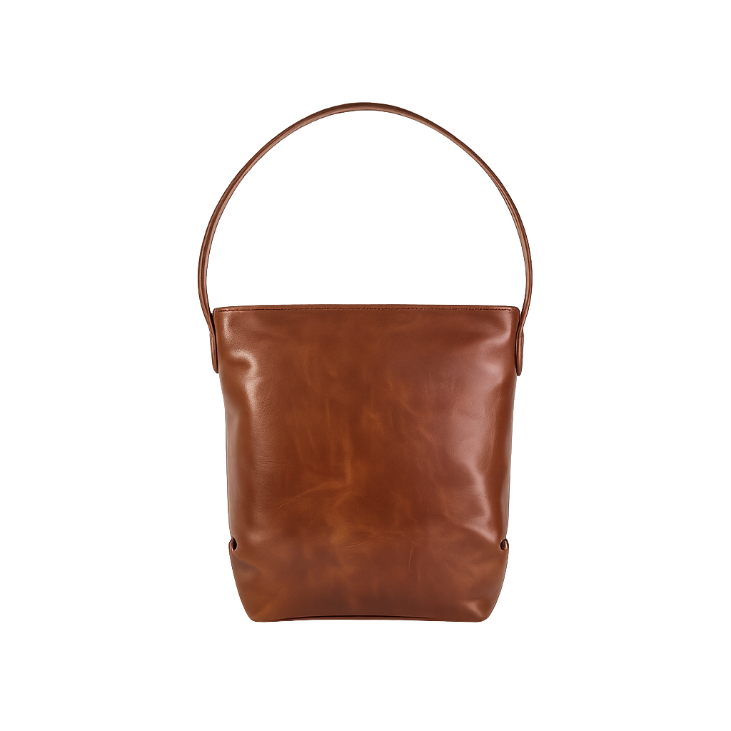 Aria Mini Leather Bucket Bag front view manufactured with premium genuine leather.