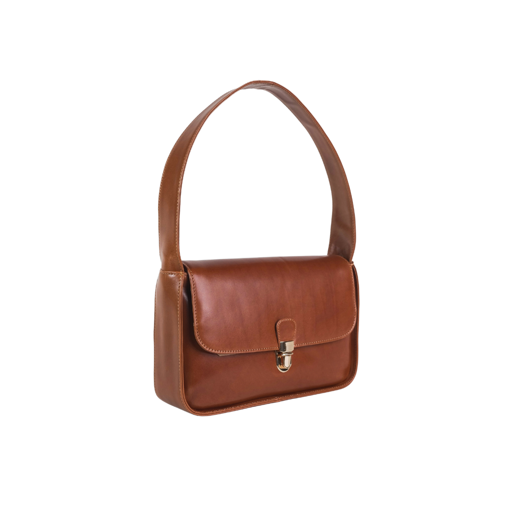 Structured leather shoulder bag with flap closure and elegant craftsmanship.