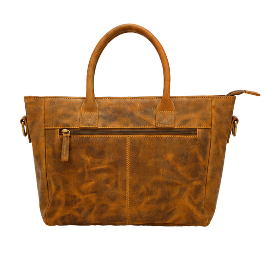 Brown monogram leather top handle crossbody handbag angled view