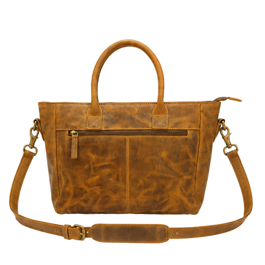 Brown monogram leather top handle handbag back view