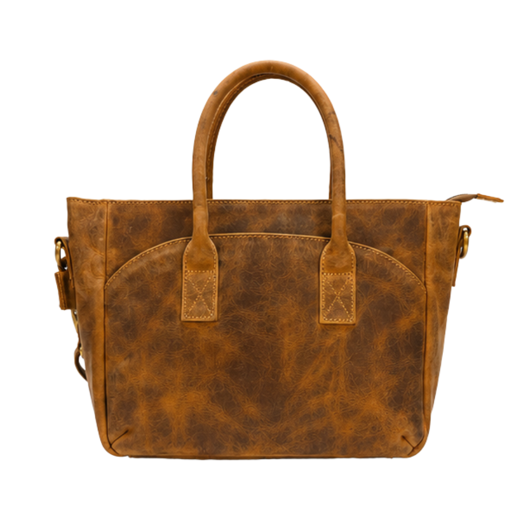 handbag-front-view Brown monogram leather top handle handbag front view