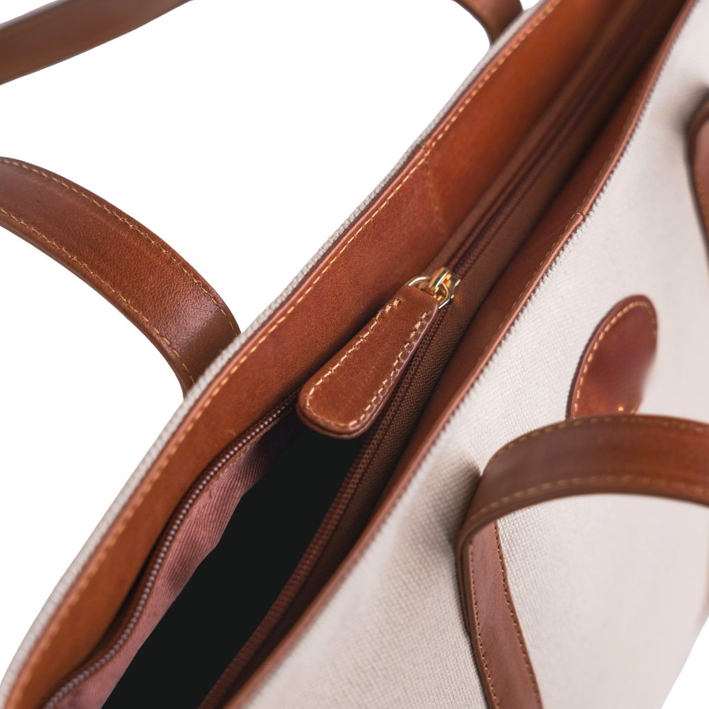 Interior compartment of canvas leather top handle bag