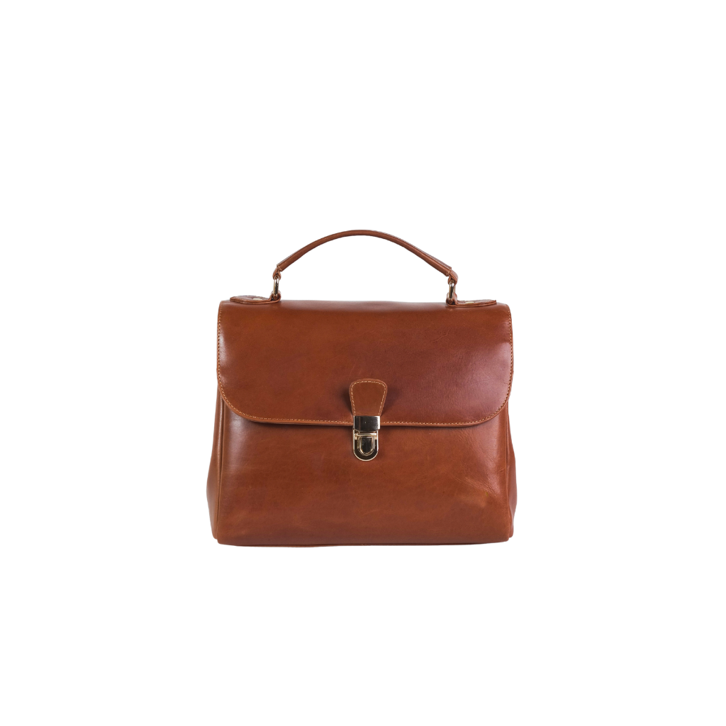 Genuine leather satchel bag with structured top handle and flap closure