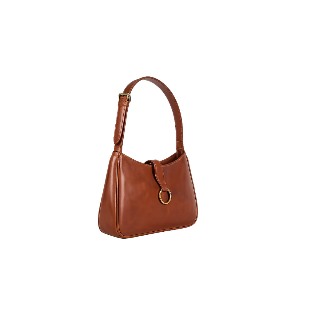 Angled view of genuine leather baguette bag