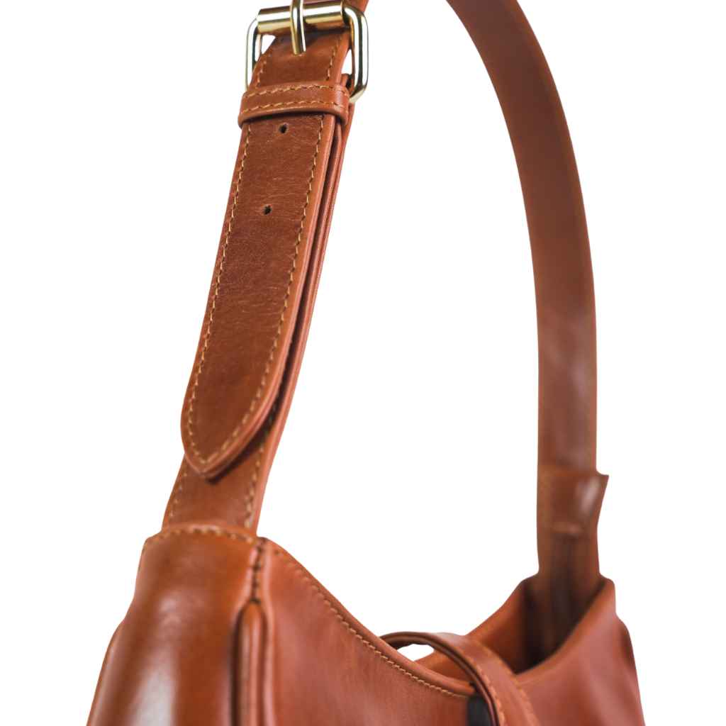 Side profile of premium leather baguette bag