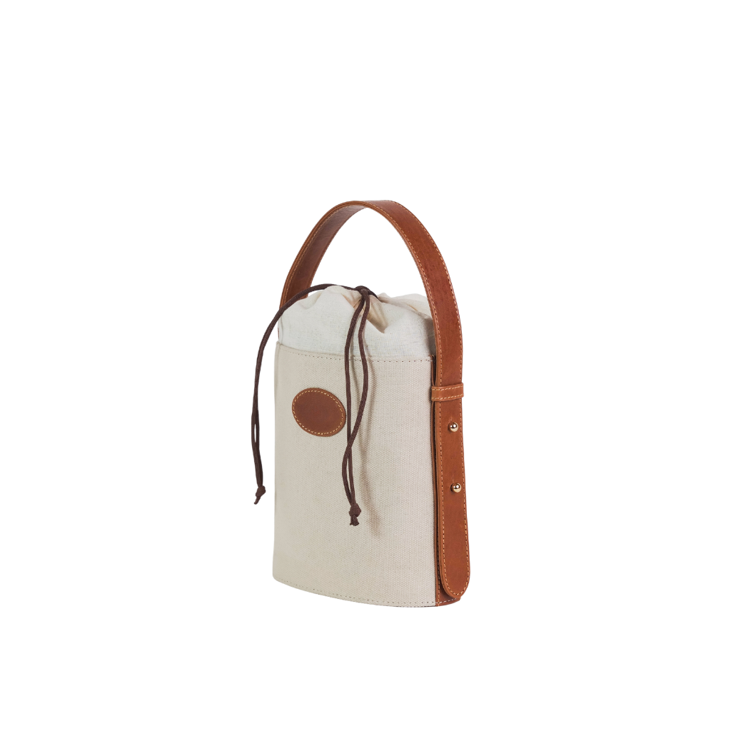 White canvas drawstring bucket bag for everyday use