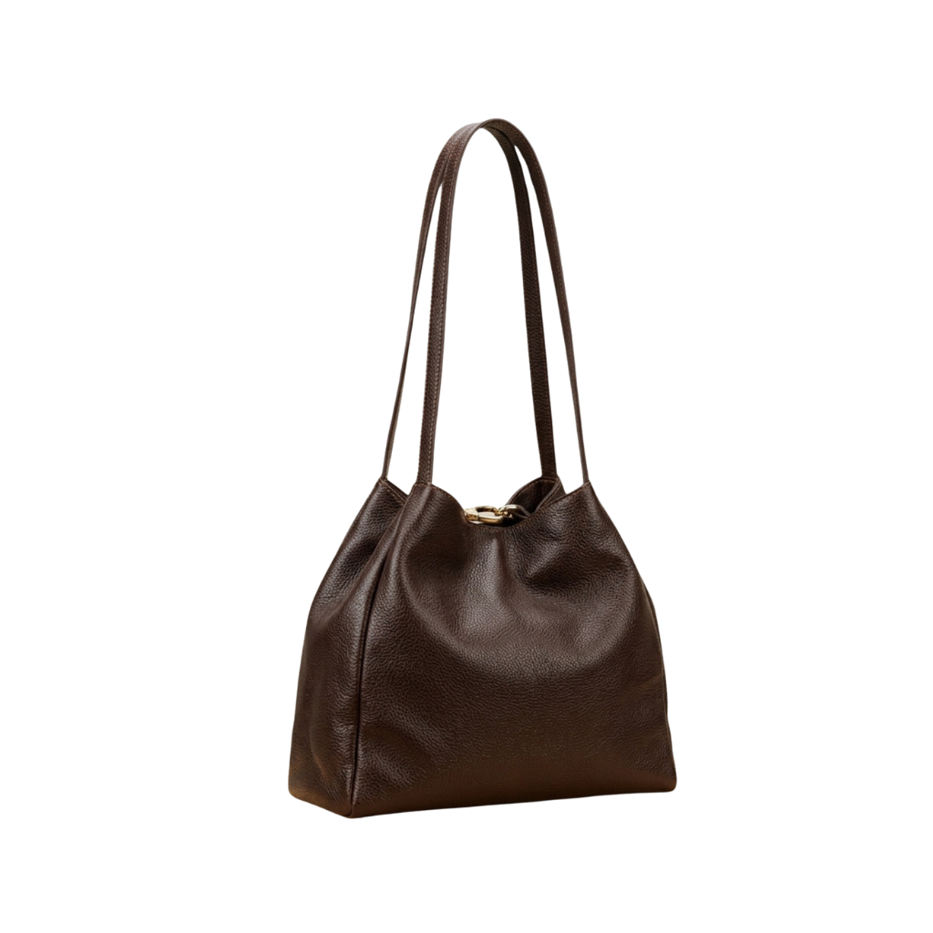 Women's genuine leather hobo shoulder bag angled view showing slouchy silhouette